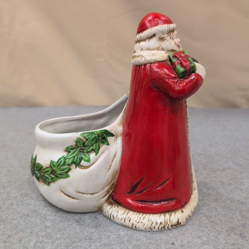 Claire Burke 1991 Ceramic Santa Claus Planter Candy Dish Red Green Holly - Picture 2 of 7